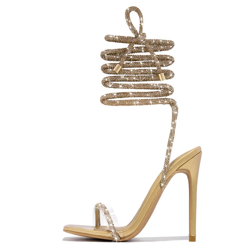 LBSFY  -Sexy Gold Crystal Ankle Cross Strap Sandals Women Summer Party Wedding Banquet Shoes Fashion Open Toe Club Stripper Heels