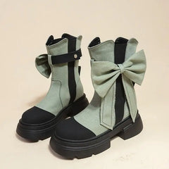 LBSFY  -  Canvas Sweet Big Bow Short Boots Women 2024 Autumn Platform Ankle Boots Fashion Splicing Shoes Round Toe Femme Botas Mujer