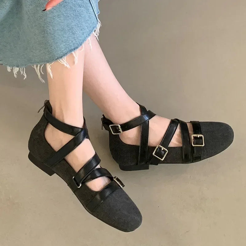 LBSFY  -  Belt Buckle Flat Mary Jane Shoes Women Fashion Design Footwear Female Cross-tied Soft Sole Comfort Ballet Shoes Zapatos De Mujer