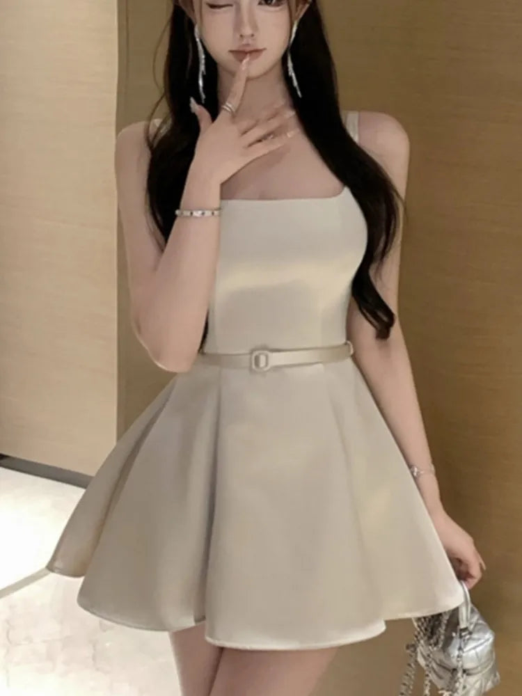 LBSFY -Elegant Vintage Sexy Satin Mini Dress Solid Square-Collar Slim Waist Ball Gown Korean Chic Evening Party Prom Female Clothes