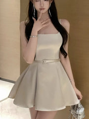 LBSFY -Elegant Vintage Sexy Satin Mini Dress Solid Square-Collar Slim Waist Ball Gown Korean Chic Evening Party Prom Female Clothes