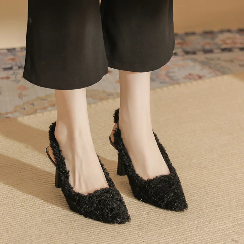LBSFY  -  Black Fur Slingback Pumps Sandals Women Fashion Pointed Toe Shallow Slip-on Plush Pumps Ladies Elegant Evening Party Heel Shoes