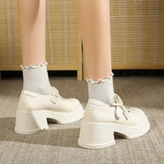LBSFY -Vintage High Heels Mary Jane Shoes for Women 2025 Patent Leather Platform Pumps Woman Pearls Thick-Heeled Shoes Female
