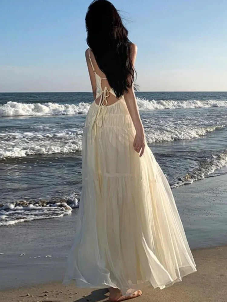 LBSFY -Women Beige Sexy Club Backless Pleated Slip Dress Summer Elegant V-neck Slim Lace Up Sleeveless Evening Party Fairy Long Dresses