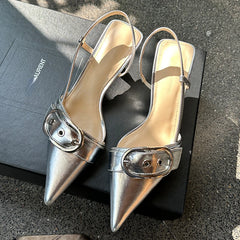 LBSFY  - Pointed Toe Mule Shoes Pumps Women Low Heel Metal Buckle Designer Sandals Women Female Summer 2024 Sexy Slingback Mueller Heels