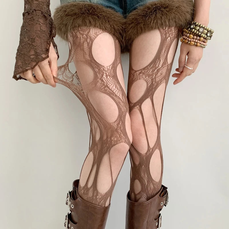 Lbsfy Broken Hole Lace Tights for Women Fashion Fishnet Long Stockings Easy Tearable Y2K Pantyhose Hollow Out Female Leggings