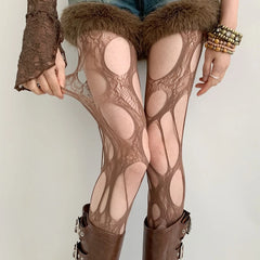 Lbsfy Broken Hole Lace Tights for Women Fashion Fishnet Long Stockings Easy Tearable Y2K Pantyhose Hollow Out Female Leggings