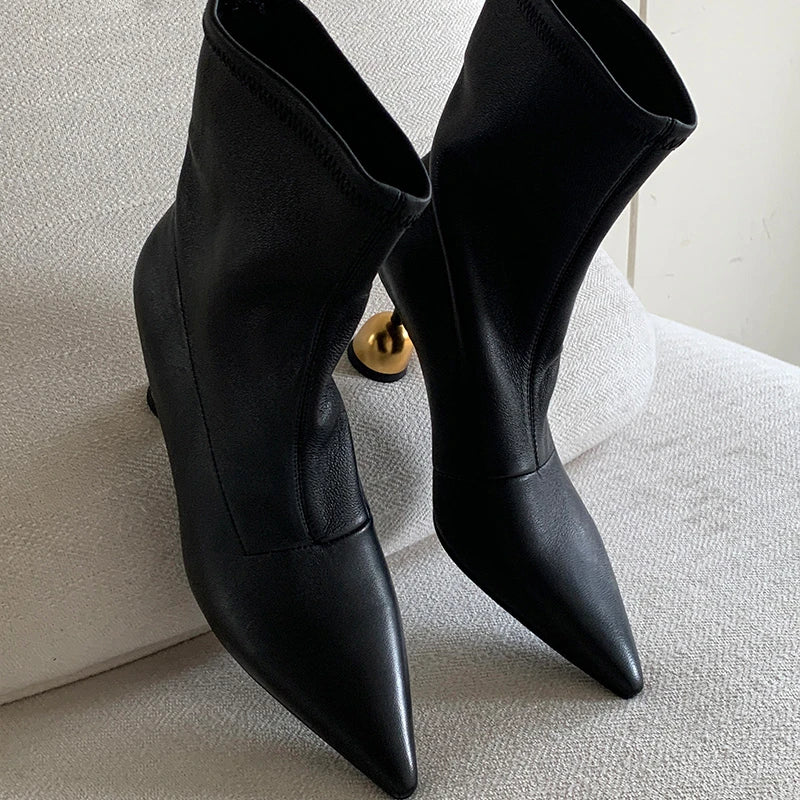 LBSFY -New Style Fashion Women High Heels Short Leather Boots Female Pointed Thin Heel Boots Ladies Ankle Short Boots Zapatos De Mujer