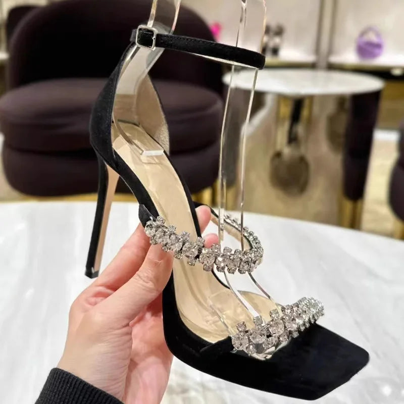 LBSFY  -  High Heel Women's Rhinestone Chain Thick Sole Waterproof Platform New Summer Crystal Square Head Thin Heel Fairy Sandals