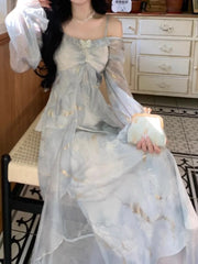 LBSFY -Autumn French Fashion Print Fairy Long Dresses Women Elegant Ruffles A-Line Party Birthday Vestido Female One Piece Clothes New