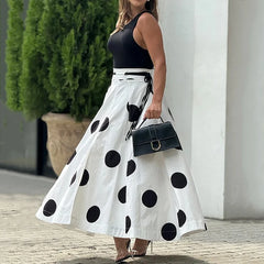 LBSFY  -  2024 Two Piece Set Women Summer Office Chic Solid Sleeveless Round Neck Vest Top Loose Polka Dot Printed Long Skirt Sets