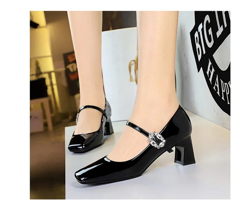 LBSFY -Banquet Mary Jane Women Single Shoes Square Toe Light Mouth Patent Leather One-Striped Rhinestone Buckle Thick Heel Medium Heel