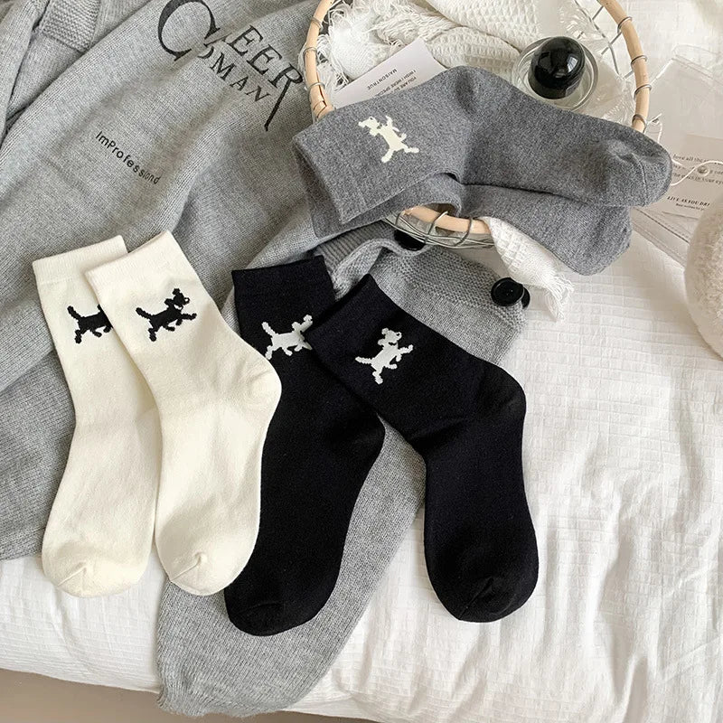 Lbsfy Women's High-quality Combed Cotton Socks Cartoon Pattern Funny Cat Puppy Cute Fashion Striped Mid-calf Socks