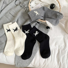 Lbsfy Women's High-quality Combed Cotton Socks Cartoon Pattern Funny Cat Puppy Cute Fashion Striped Mid-calf Socks