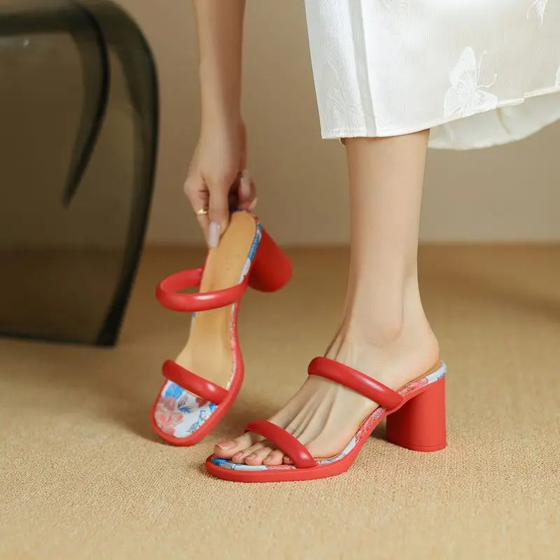 LBSFY  -  2024 New Faux Leather Women Slipper High Heels Simple Summer Party Dress Shoes Pink Red Ladies Shoes Flip Flops