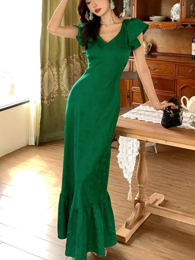 LBSFY -Summer French Vintage Ruffles Satin Women's Long Dresses Green Waist Print V-Neck Flying Sleeves Dress Fashion New Vestidos