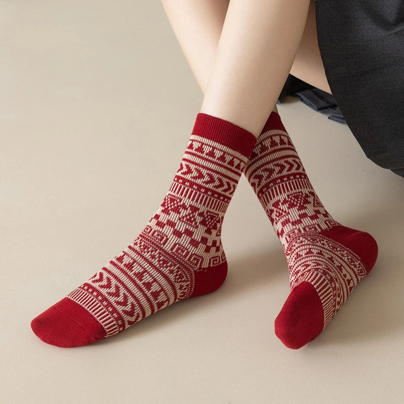Lbsfy 6 Pairs Happy New Year Socks for Women Combed Cotton Fashion Red Christams Sock Sets Female Winter and Spring Double Needle Sock
