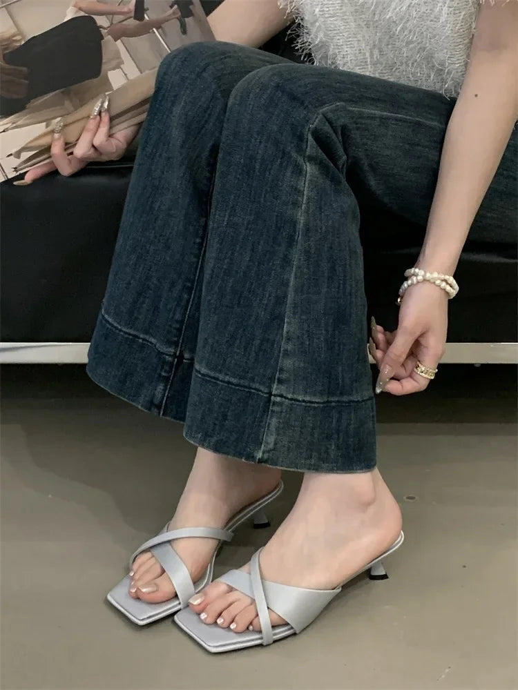 LBSFY -Summer Fashion Narrow Band Square Toe Slippers Women Low Heels Beach Sandals Slide Party Shoes Zapatos De Mujer