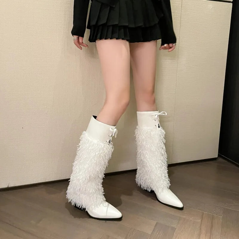 LBSFY  -  2024 White Plush Boots Fashion Frenum Knee Length Pointed Boots 6cm Thick Heel Chelsea Boots 34-46 Auto Show Model Women's Shoes