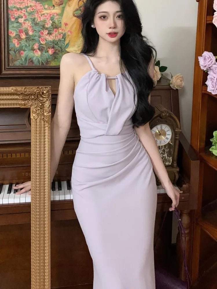 LBSFY -Hollow Elegant Summer Dresses For Women Sexy French Fashion Folds Spaghetti Strap Slim Fit Long Dress Evening Chic Party Robe