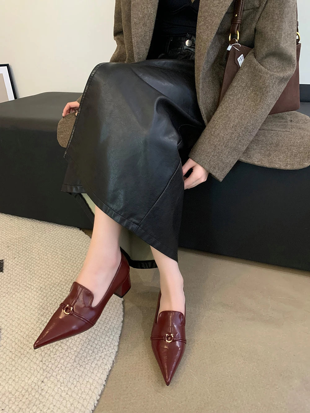 LBSFY  -  Fashion Women Pumps Pointed Toe Black Red Rivet Design Flat Mid Heels Shallow Slip On Party Pumps Dress Shoes Size 35-39 Office