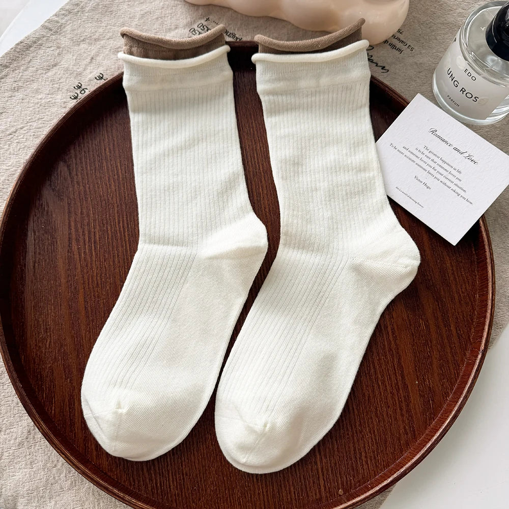 Lbsfy Autumn Winter Women's Tube Pile Socks Pure Cotton Double-layer Rolled Edge Y2K Trendy Sock Vertical Striped Cotton Female Socks