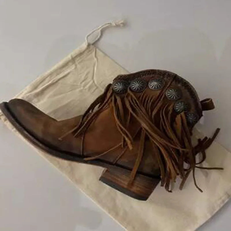 LBSFY  -  Retro Girls Ethnic Style Metal Tassel Round Toe Low Heels Slip On Short Boots Female Holidays Ankle Boots Shoes Drop Shipping