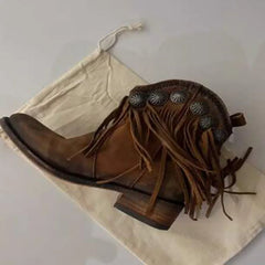 LBSFY  -  Retro Girls Ethnic Style Metal Tassel Round Toe Low Heels Slip On Short Boots Female Holidays Ankle Boots Shoes Drop Shipping