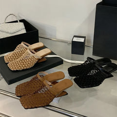 LBSFY -Design Breathable Mesh Slippers Woman Pumps Elegant Square Toe Strange Low Heels Party Ladies Slide Mule Shoes