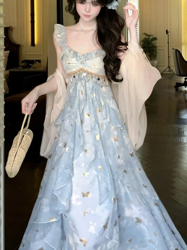 LBSFY -Summer French Fairy Print Long Dresses Women Fashion Ruffles Elegant A-Line Birthday Party Vestido Female One Piece Clothes New