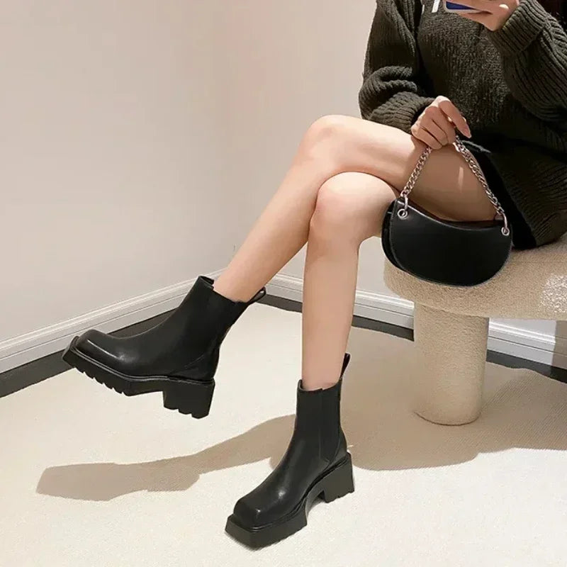 Lbsfy Genuine Leather Women Boots Square Toe Chunky Heel Chelsea Boots Non-slip Comfort Brand Platform Chelsea  Ankle Boots Women