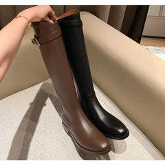LBSFY -New Women's Black Elegant with Low Heels Shoes Long Brown Boots Winter Knee High Shaft Stylish Lastest Price Goth