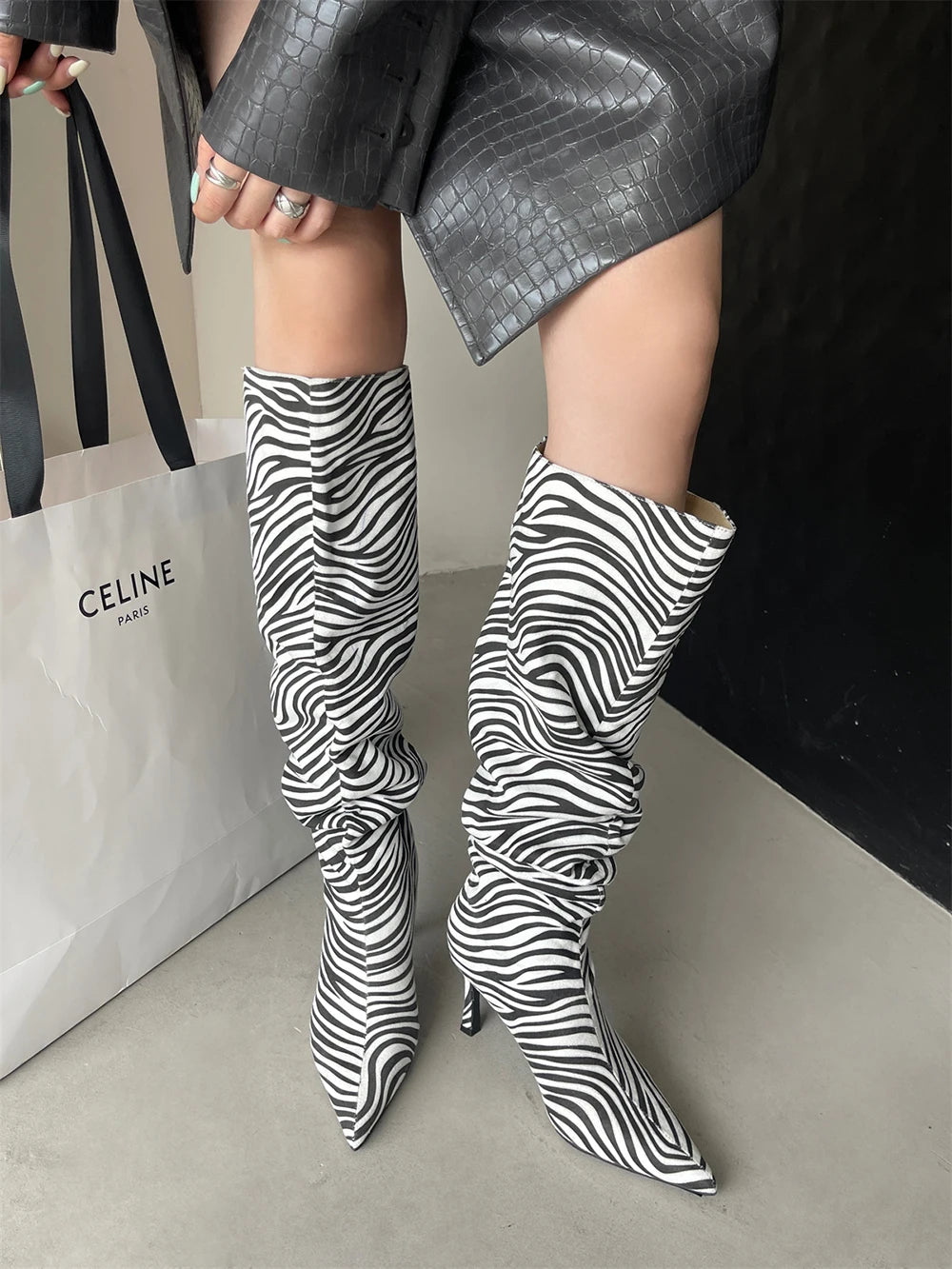 LBSFY  -  Pointed Toe Women Knee High Boots Chelsea Bootie Black Leopard Beige Zebra Winter Party Pumps Shoes Woman Slip On Size 35-40