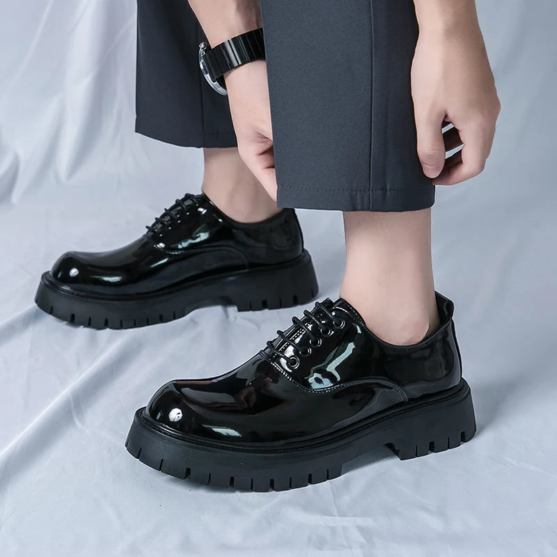 LBSFY  -  Glossy Patent Leather Retro Round-toe Dress Shoes Korea Style Thick Bottom Shoes Classic Formal Black Dress Oxford Office Manage