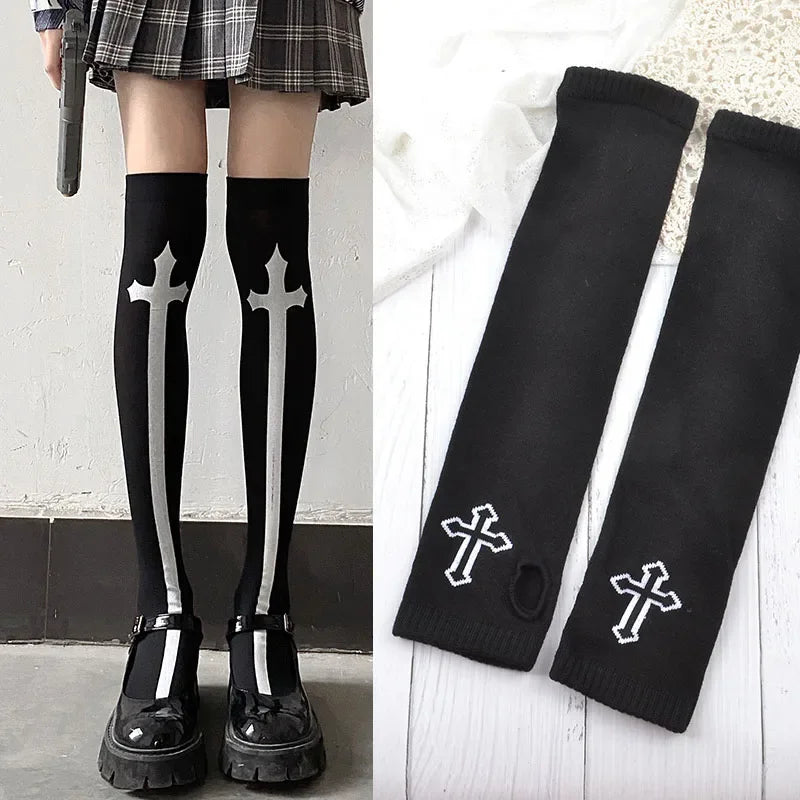 Lbsfy Skull Stockings Gloves Set Punk Women Harajuku Dark Gothic Y2K Long Socks Knee Lolita Girls High Socks Cosplay Accessories