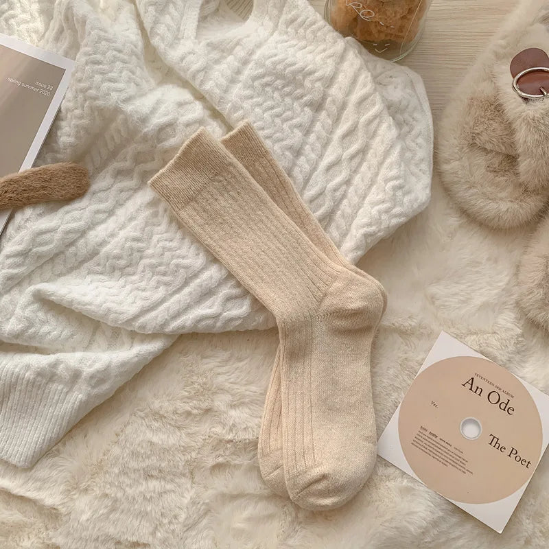 Lbsfy Cashmere Mid-calf Socks Women Korean Style Thickened Japanese Thermal Insulation Retro Wool Long Socks Autumn Winter