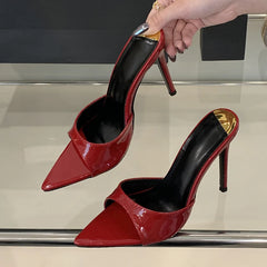 LBSFY -Summer White Patent Leather Women Slippers Sandals Sexy Leopard Print Pointed Toe Mules High Heels Party Stripper Shoes