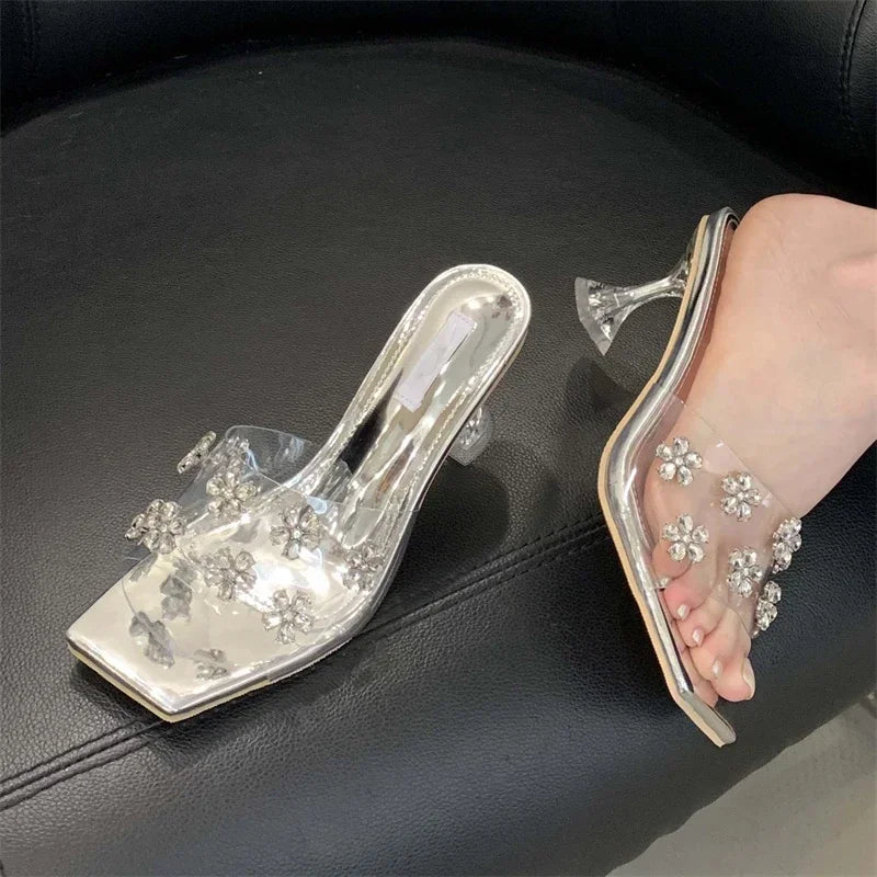 LBSFY -Fashion Crystal Diamond PVC Transparent Square Toe Woman Slippers Sexy High Heels Stripper Party Slide Shoes