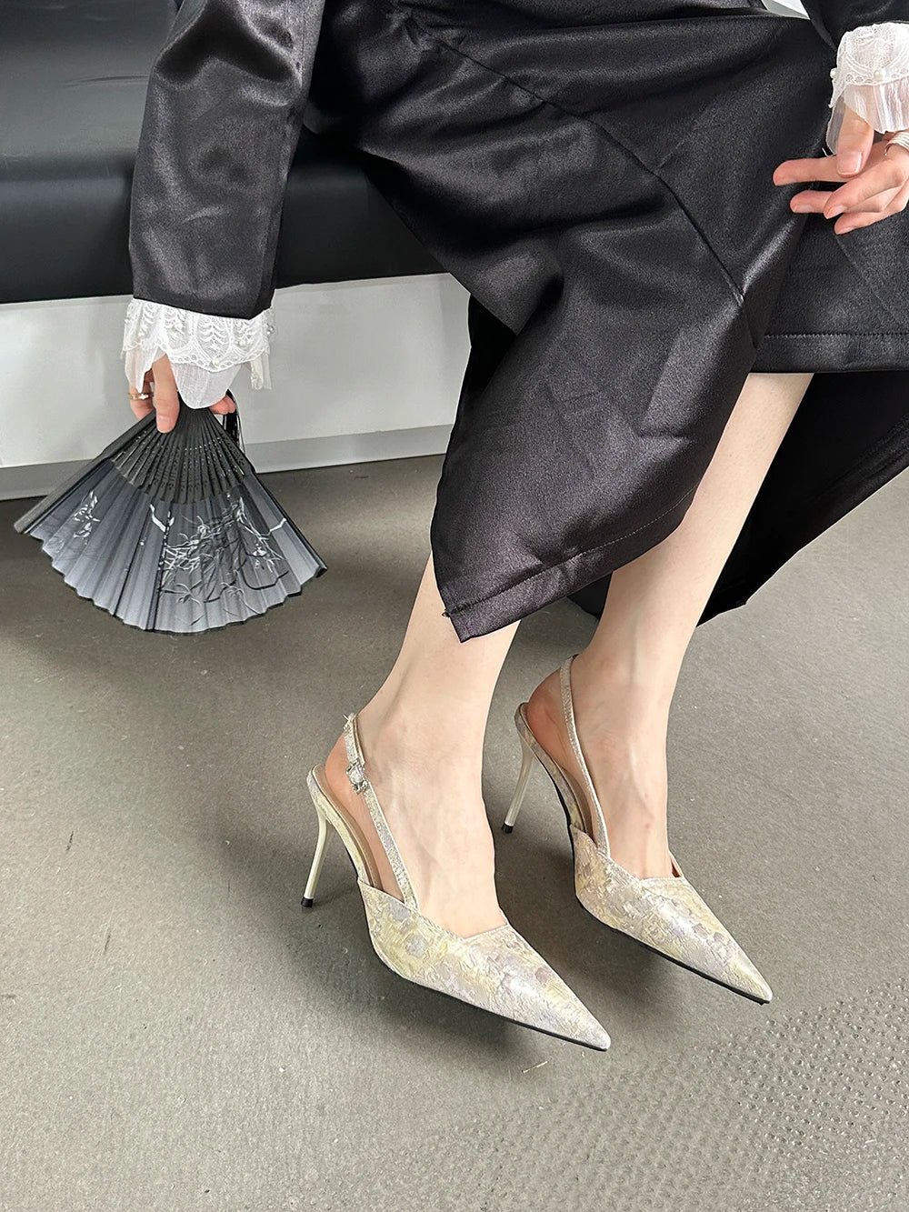 LBSFY  -  Black Beige Purple Women Sandals Pointed Toe Summer Dress Shoes Silk Elegant Fashion Party Sandals Thin High Heels Back Strap 39