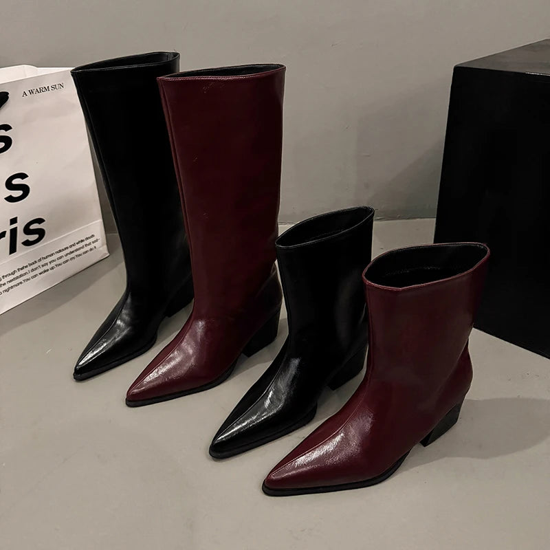LBSFY -New Women's Leather Kitten Heel Square Toe Slip-on Autumn Knee High Boots Casual Female Long Boots Shoes Knee-High Boots
