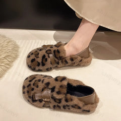 LBSFY  -  2025 Fashion Leopard Fur Ballet Flats Woman Curly Cotton Buckle Strap Mary Jane Shoes Ladies Winter Warm Plush Shallow Loafers