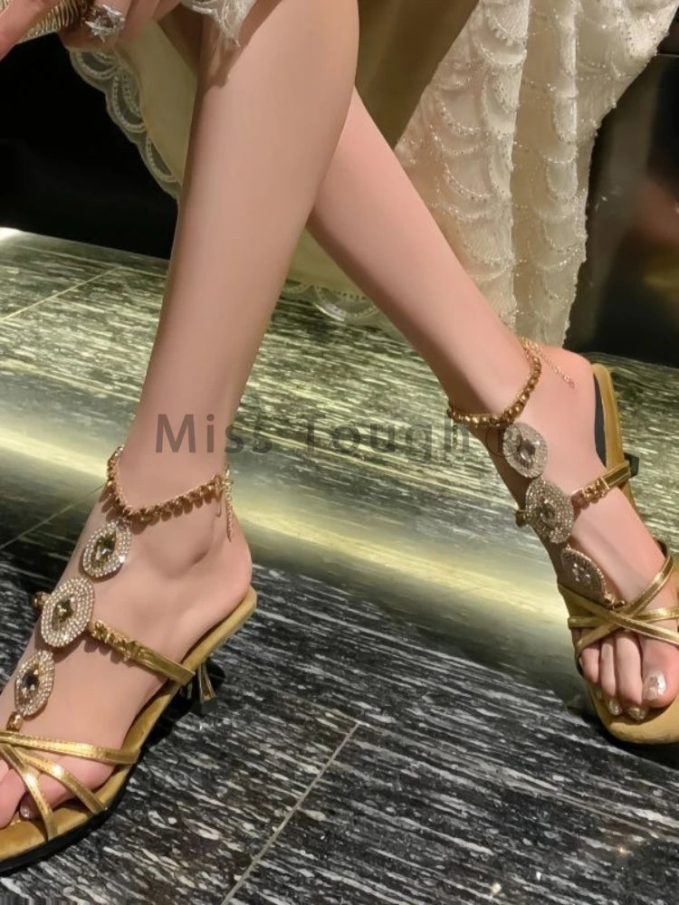 LBSFY  -  Autumn Fashion Retro Roman High Heel Shoes Women New Temperament Rhinestone High Heels Female One-line Buckle Open-toed Sandals