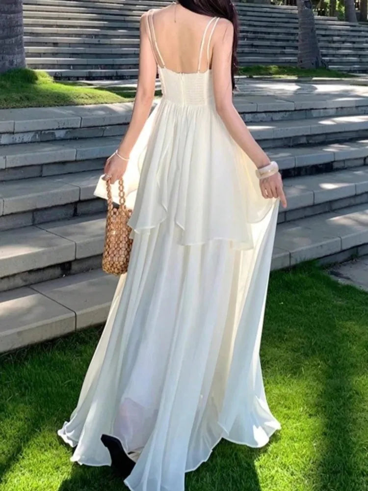 LBSFY -Sexy Backless Elegant Spaghetti Strap Sling Women's Dresses Summer Holiday Women Retro Simple Daily V-Neck Vacation Beach Outfit