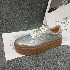 LBSFY  -  Gold Silver Fashion Women Sneakers High Platforms Comfort Casual Shoes Round Toe Cross-tied Genuine Leather Shoes Woman