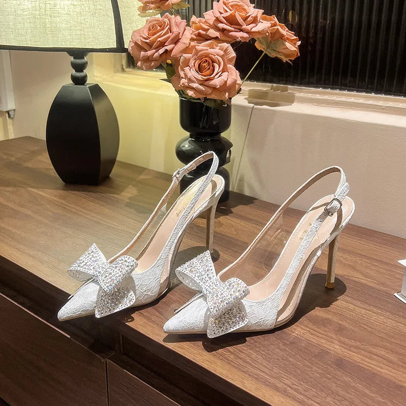 LBSFY  -  Size 33-41 White Women's Wedding Shoes Stiletto Heel Pointed Crystal Bow Toe Sandals Summer Bridal Shoes High Heels