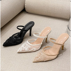 LBSFY -Luxury Brand High Heels Women Sandals Mesh Embroider Elegant Pointed Ladies Slingback Designer Party Wedding Bridal Dress Shoes