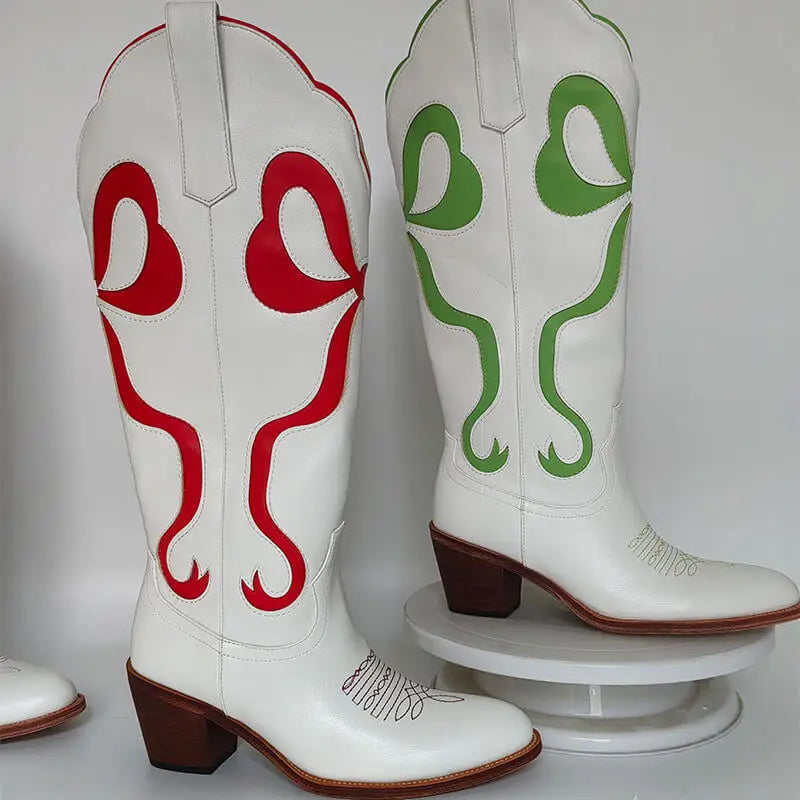 LBSFY  -  Women Pink Pull-on Knee High Cowgirl Boots with Bow  Comfy Women Big Size Cowboy Boots