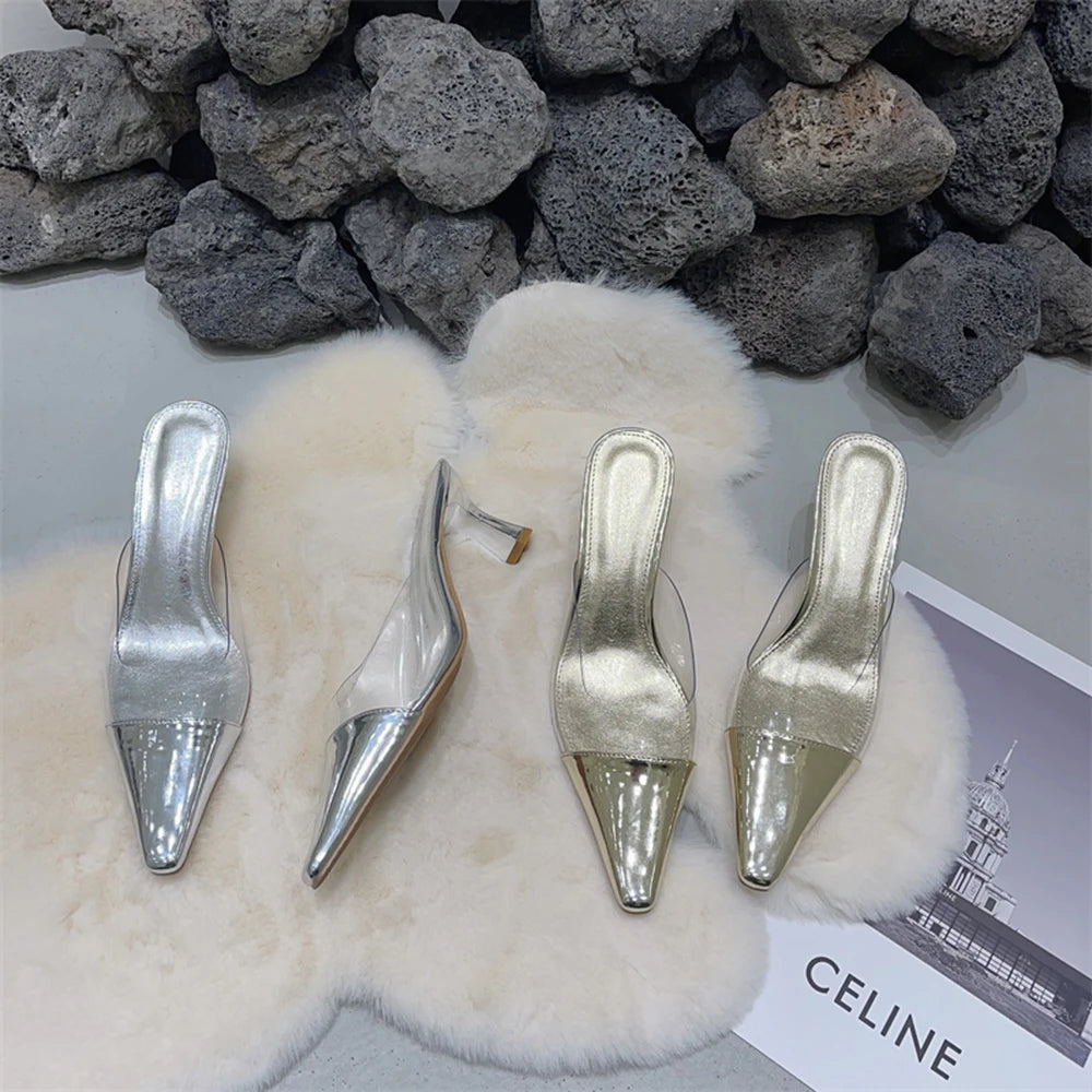 LBSFY  -  Pointed Toe Women Slides Slippers Silver Gold Summer Outside Mules Stiletto Thin High Heels Transparent Elegant Sandals 35-39