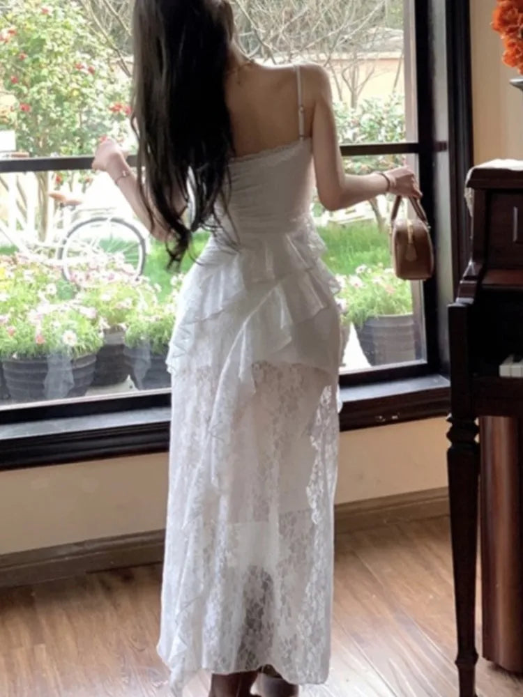 LBSFY -Women's Summer Ruffle Sexy Dresses White Lace Spaghetti Strap V-Neck Silm Fit Dress Vacation Party Evening Vestidos Fashion New