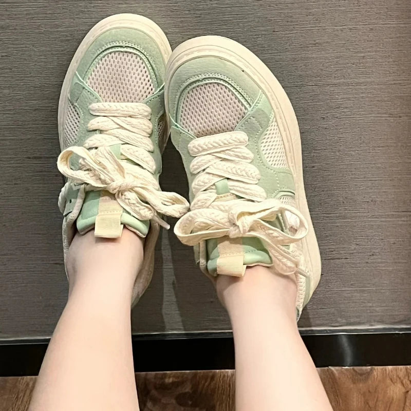 LBSFY  -  Comfortable Womens Sneakers Grid Design Breathable Lightweight Skate Shoes Versatile Lace Up Mint Green Casual Sneakers